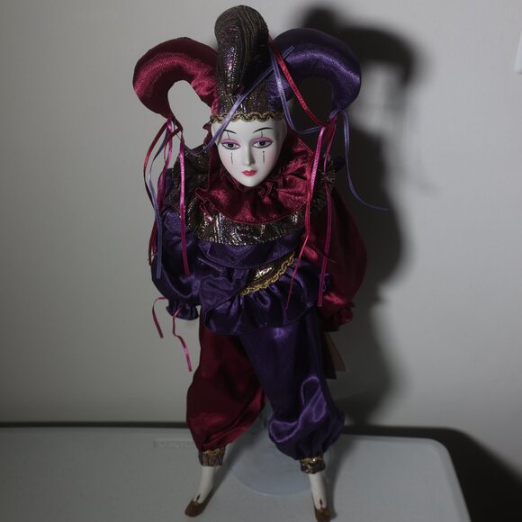 San Francisco Music Box 24" Harlequin Jester Porcelain Doll New Orleans Purple - Picture 1 of 10